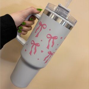 Gray Travel Tumbler with Pink Bow Design - Unbranded
